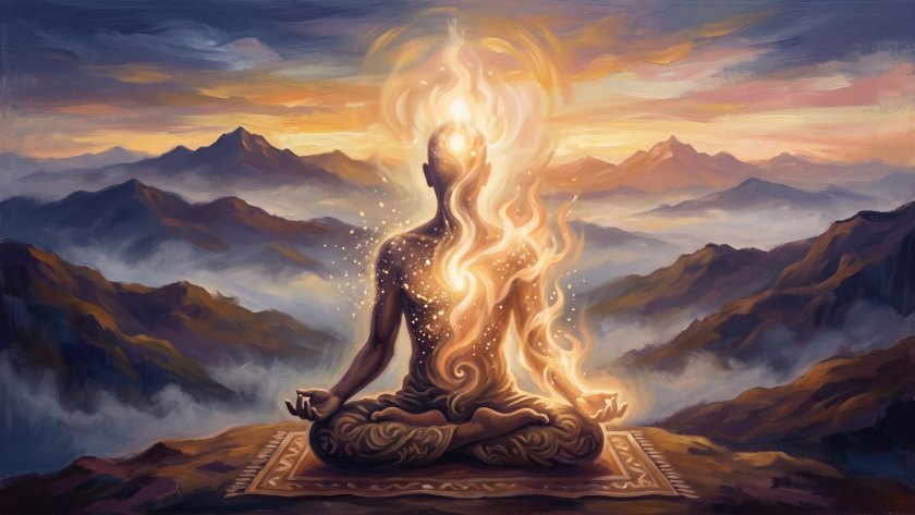 Devotional painting of a yogi whose body transfigures into radiant light in the Himalayas