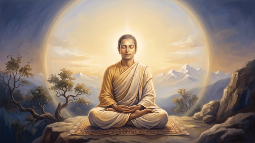 Devotional painting of a yogi in radiant stillness, thoughts dissolved into light
