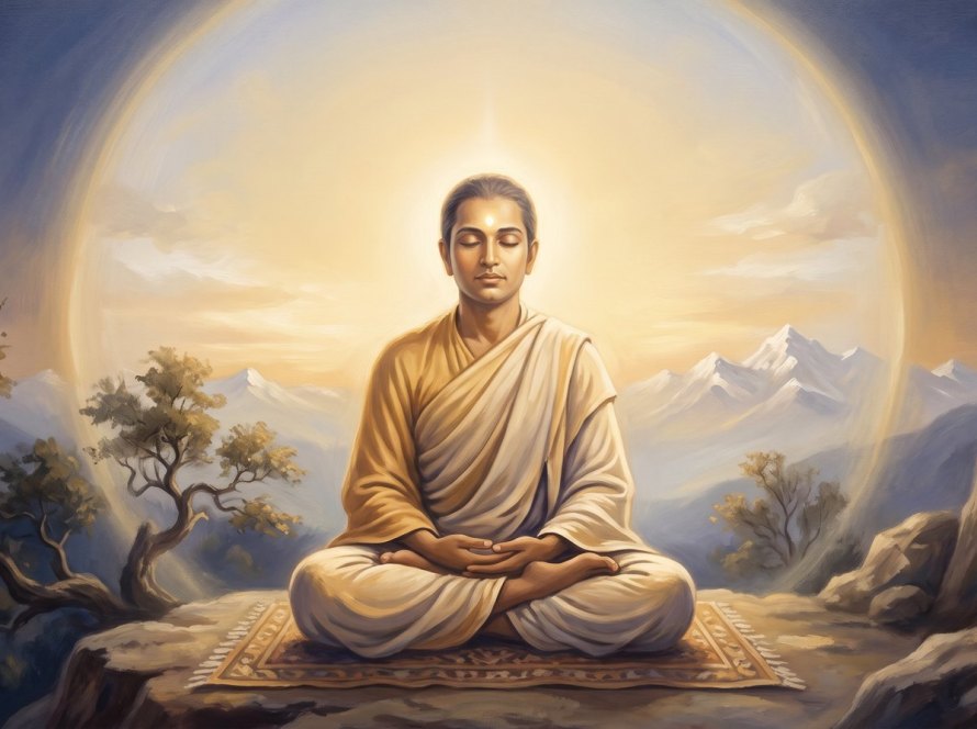 Devotional painting of a yogi in radiant stillness, thoughts dissolved into light