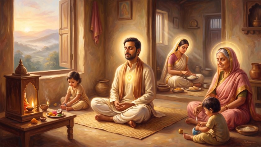 Devotional painting of a householder meditating amid his family, all haloed in light