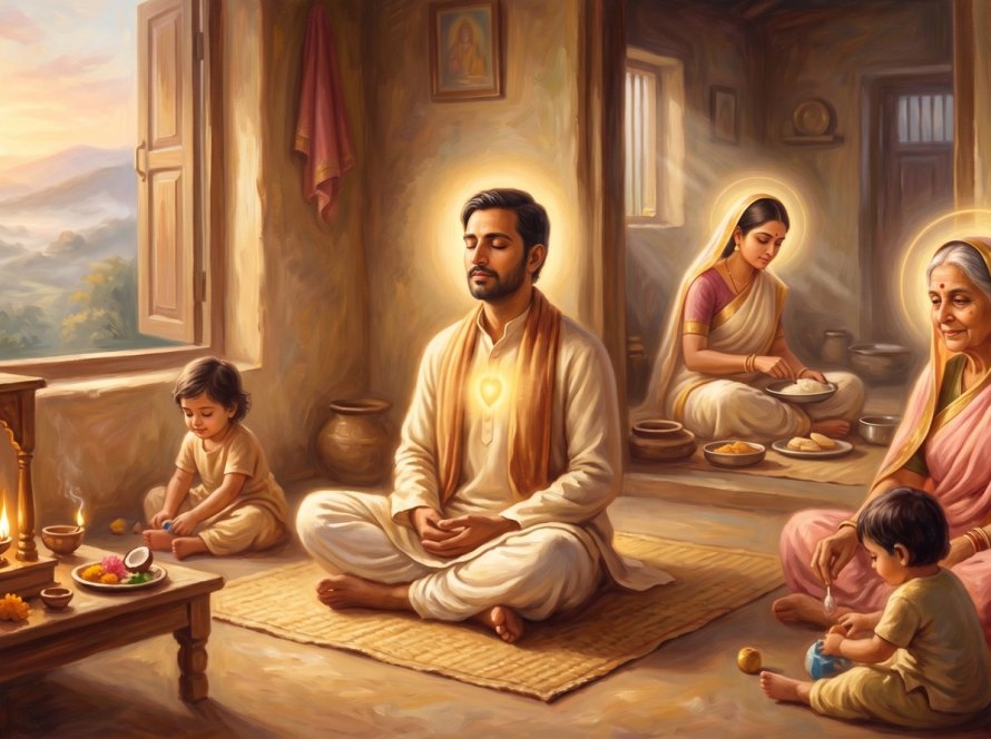 Devotional painting of a householder meditating amid his family, all haloed in light