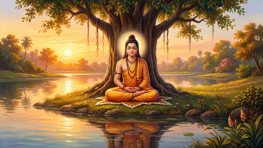 A person meditating peacefully under a tree at dawn