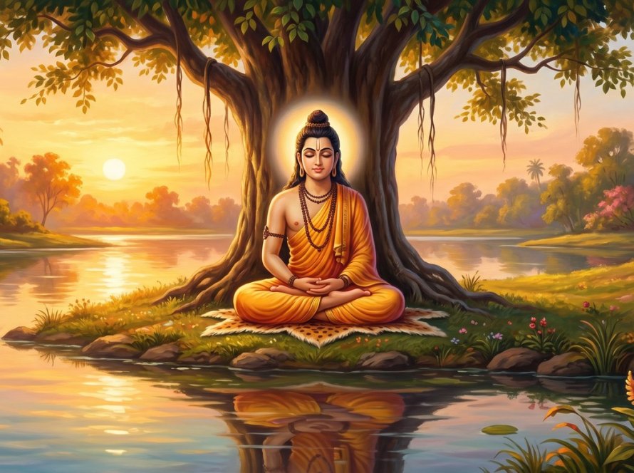 A person meditating peacefully under a tree at dawn
