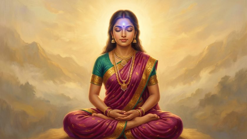 A meditator with the third eye glowing indigo between the eyebrows