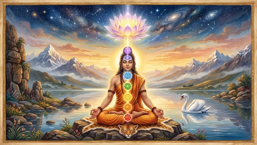 A meditating yogi with energy rising through the chakras and a swan beside still water — the inner ascent of Kundalini Kriya Yoga