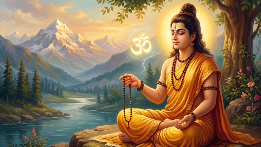 A meditator holding a japa mala with a glowing Om symbol