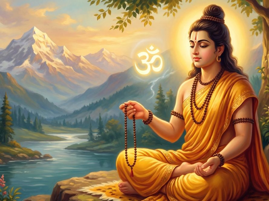 A meditator holding a japa mala with a glowing Om symbol