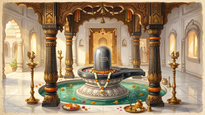 Devotional painting of the mercury parad Shivalingam in its temple shrine