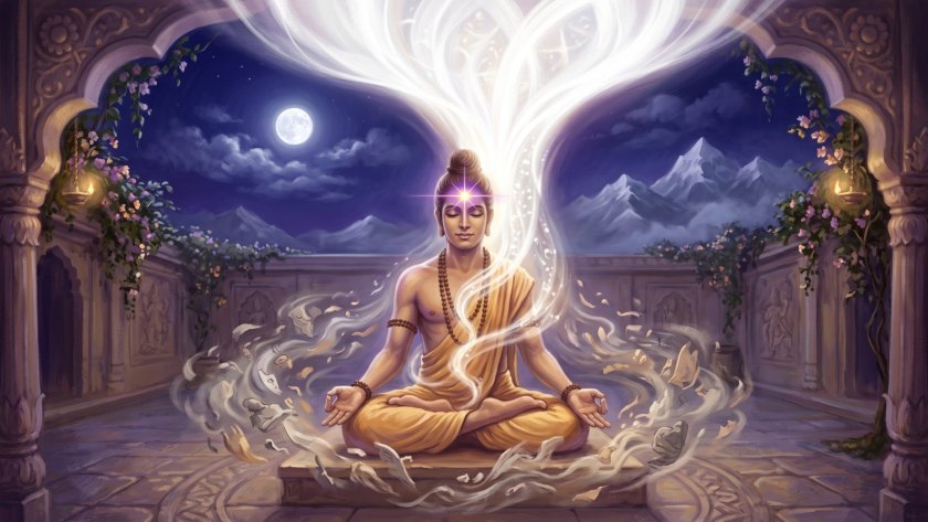 Devotional painting of a meditating yogi, scattered thoughts rising into a star of light at the brow under a full moon
