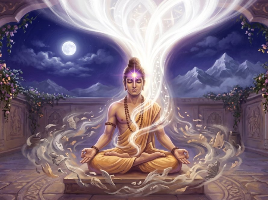Devotional painting of a meditating yogi, scattered thoughts rising into a star of light at the brow under a full moon