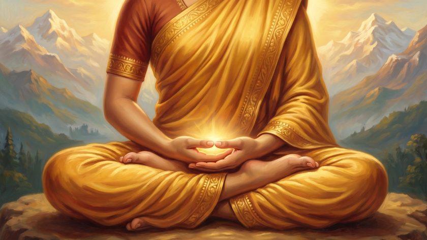 A meditator's hands resting in dhyana mudra