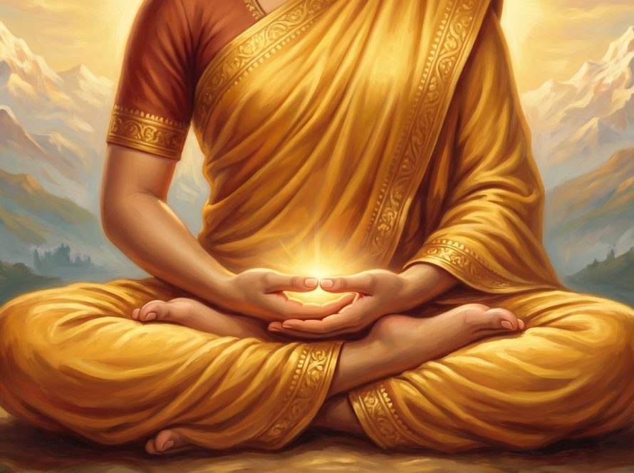 A meditator's hands resting in dhyana mudra