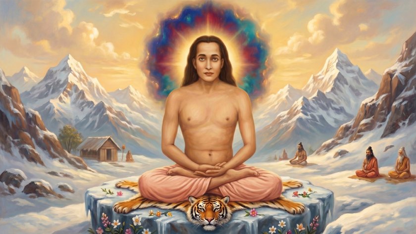 Devotional painting of Shiv Goraksha Babaji, the deathless master, meditating in the Himalayas