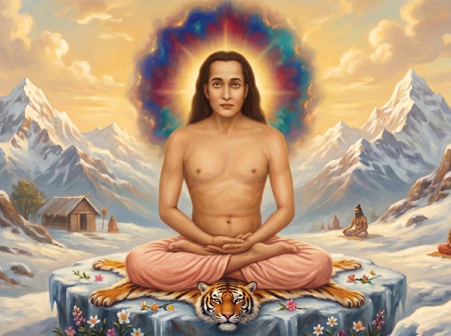 Devotional painting of Shiv Goraksha Babaji, the deathless master, meditating in the Himalayas