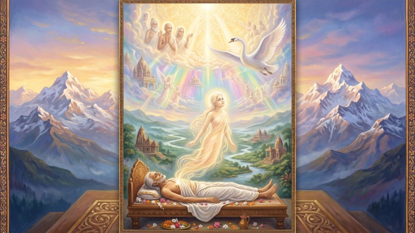 Devotional painting of a luminous soul rising from the body and ascending through subtle worlds toward the light