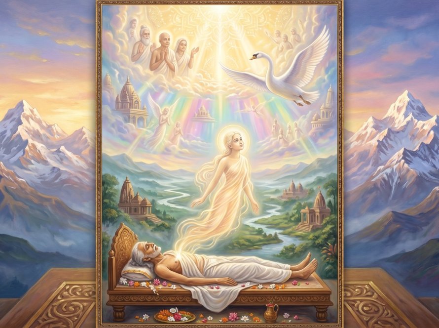 Devotional painting of a luminous soul rising from the body and ascending through subtle worlds toward the light