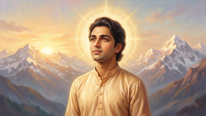 A person awakening into inner light at a Himalayan dawn