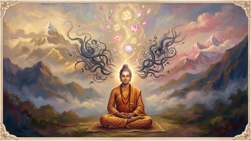 Devotional painting of a yogi transmuting dark thought-forms into golden light, Om and lotuses