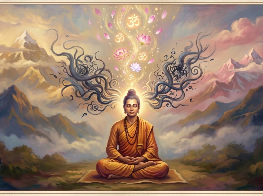 Devotional painting of a yogi transmuting dark thought-forms into golden light, Om and lotuses