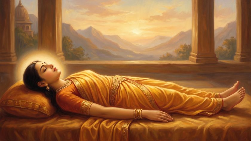 A person in peaceful yogic sleep (Yoga Nidra) with a soft halo of light