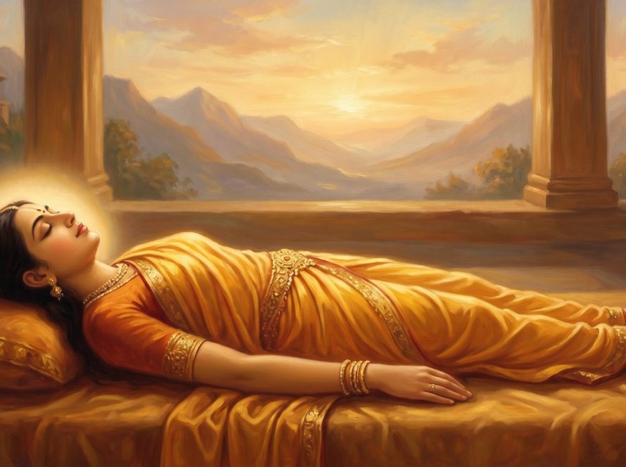 A person in peaceful yogic sleep (Yoga Nidra) with a soft halo of light